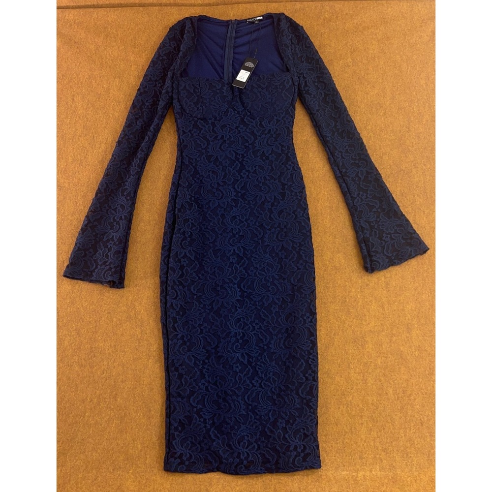 Fashion Nova Womens Size Medium Navy Lace Marianna Long Sleeve Midi Dress NWT